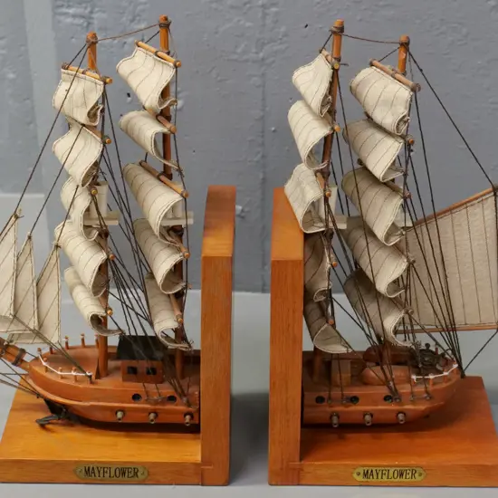 pair of Mayflower sailing ship themed book-ends - timber w/rigging and fabric sails, each H300 W150 D100