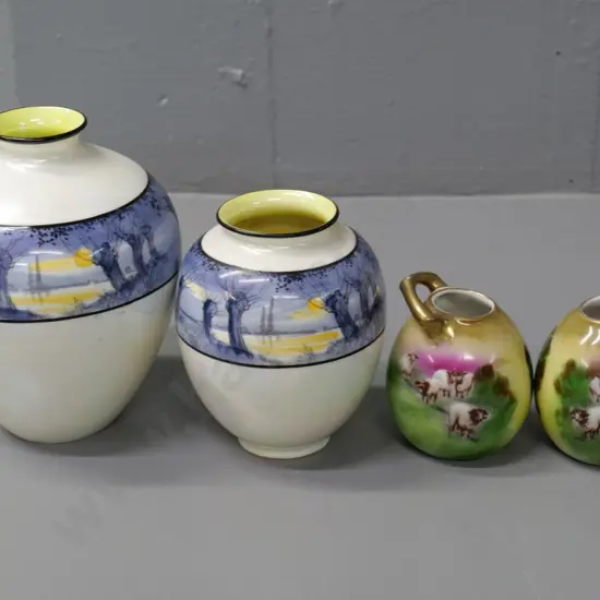2 Royal Doulton Moonlight lustre vases - larger is H-150 - and a pair of Beyreuth sheep vases