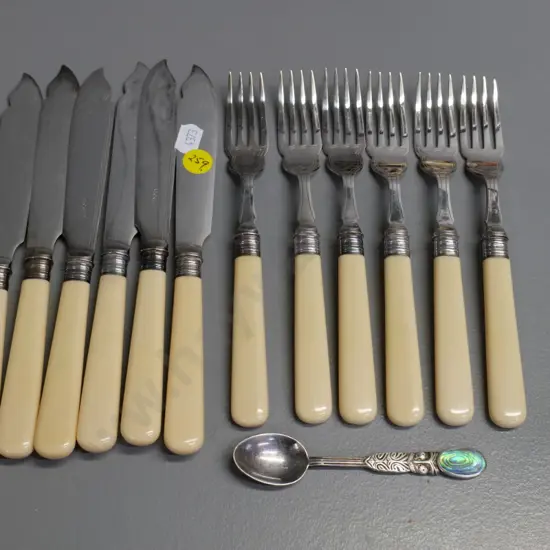 set of 6 bone-handled fish knives and forks and a small souvenir Maori motif spoon with  inset paua