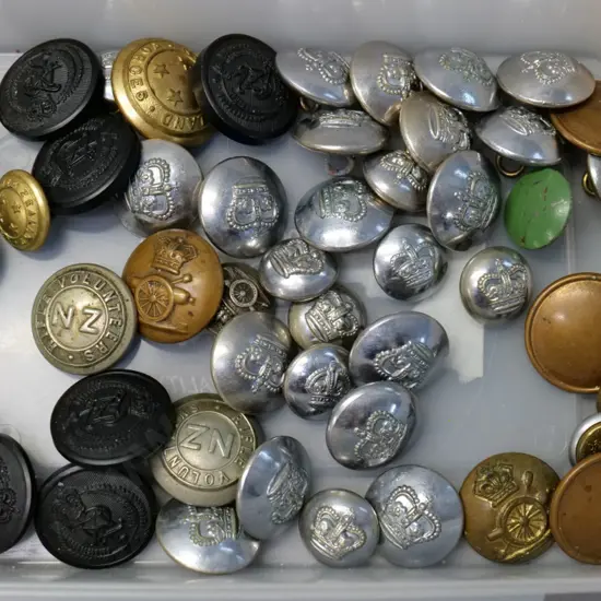 assorted military and other buttons, brass, chrome & black bakelite, includes New Zealand Rifle Volunteers & Forces