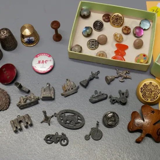 sterling silver thimble and 2 other thimbles, assorted small metal charms, buttons, badges etc.