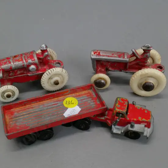 3 vintage Fun Ho cast metal vehicles - International truck with trailer L-140 & 2 tractors
