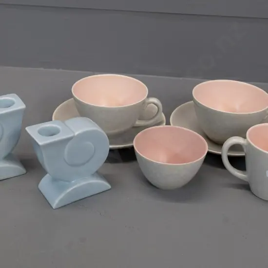 Poole items - pair blue deco style candlesticks H80 W80 and 2 cups & saucers, cream & sugar in grey and pink
