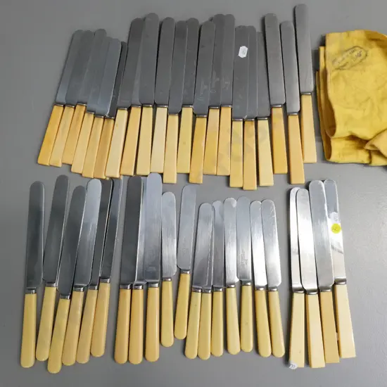 large assortment of bone handled knives - various marks include Walker & Hall, Harrods, etc.