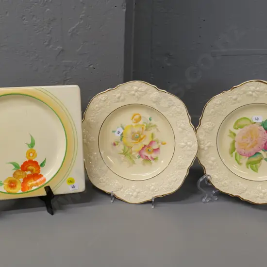 two Ducal hand-painted floral plates and a Royal Staffordshire Clarice Cliff Biarritz plate 200 x 230