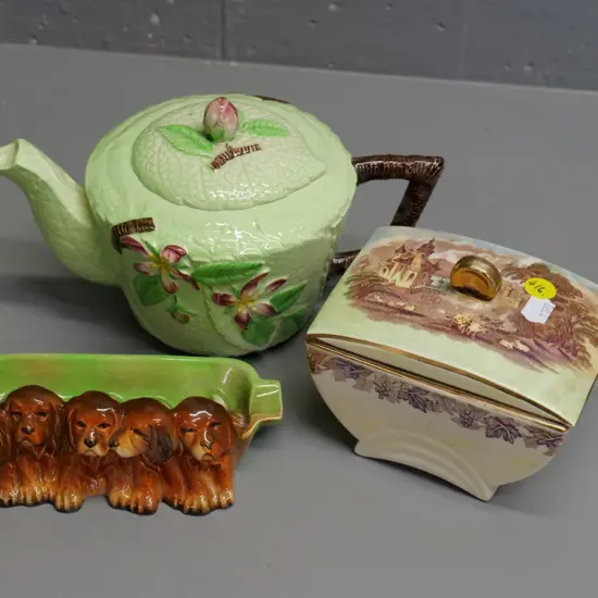 Carlton ware teapot W-215 at spout, Maling covered square dish, Beswick dog ashtray