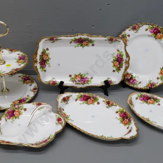 Royal Albert Old Country Roses items - 2-tier cake stand H-260 D-210, sandwich tray, 3 dishes and cake plate