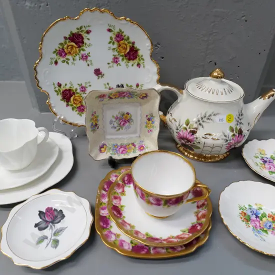 assorted fine china - Wood & Sons Ellgreave teapot, Shelley white trio, Royal Albert heavy gilt trio, etc.