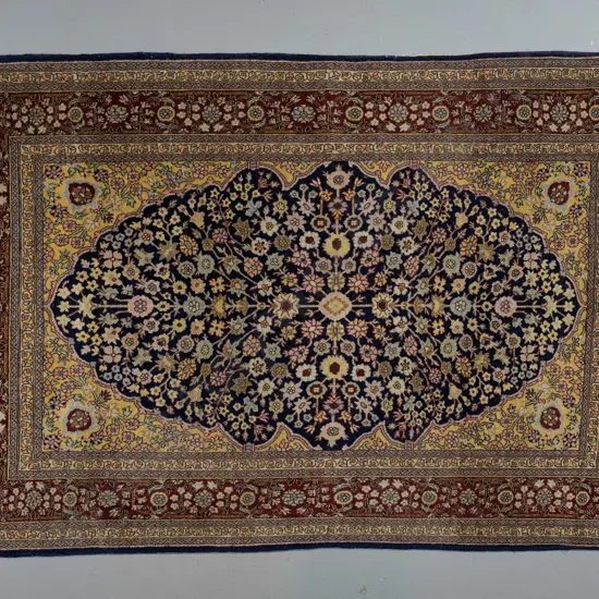 Hamaden hand-knotted wool Persian floor rug - dark red, blue and gold L-1750 W-1180