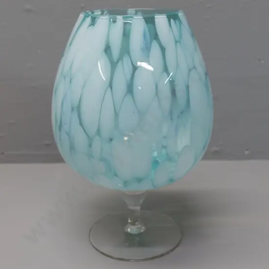art glass goblet vase - stippled aqua blue and white, some bubbles in clear base H-300 D-200