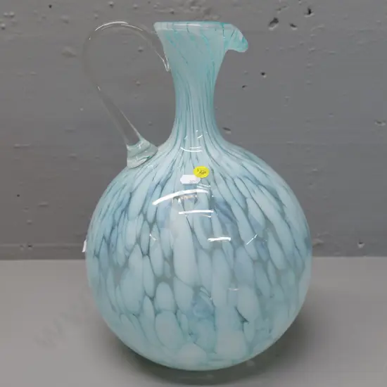 art glass ewer jug vase - stippled aqua blue and white H-330 D-240