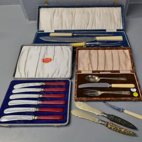 boxed EPNS cutlery - bone-handled carving set, 6 composite handled fruit knives, child's set, and 3 odd knives