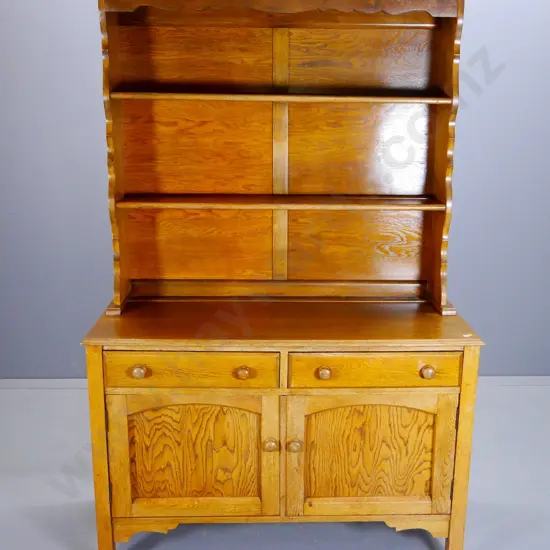 reproduction oak 2-door 2-drawer hutch dresser w/2 shelves on top - split on end, marks to polish H1780 W1150 D470