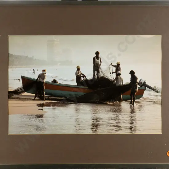 framed attrib Matheson Beaumont photograph - men in fishing boat (slight warping) H-240 W-380
