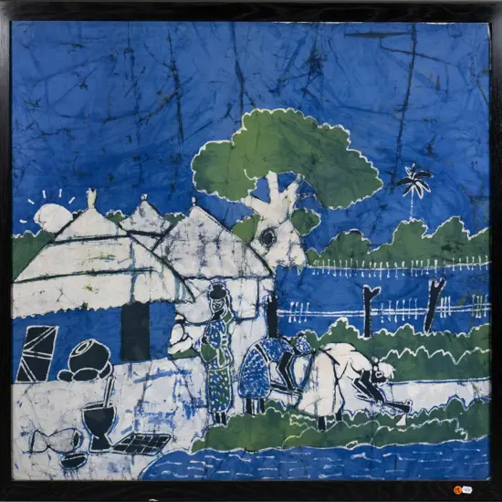 framed Gambian batique screen on fabric -village scene H-810 W-810