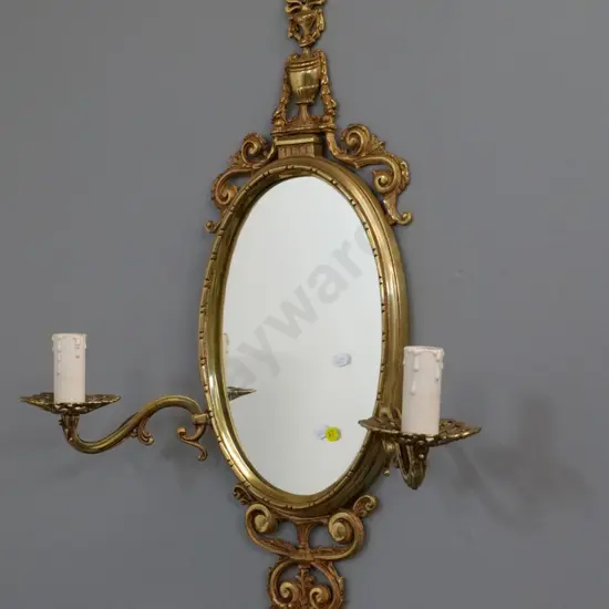 cast metal oval wall mirror with 2 sconce light fittings - untested H-690 W-500