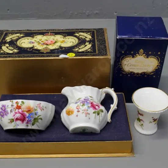 Royal Crown Derby Posies cream & sugar set and a vase, in original boxes