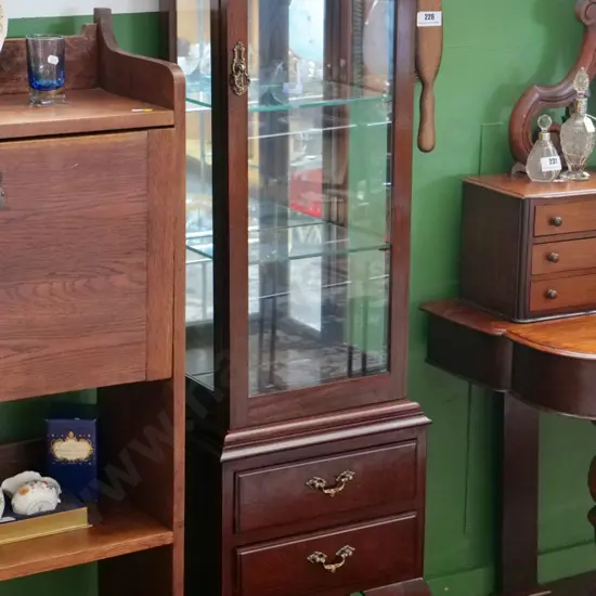 reproduction mahogany display cabinet with mirror back, 3 adjustable shelves, 2 drawers H1520 W420 D290
