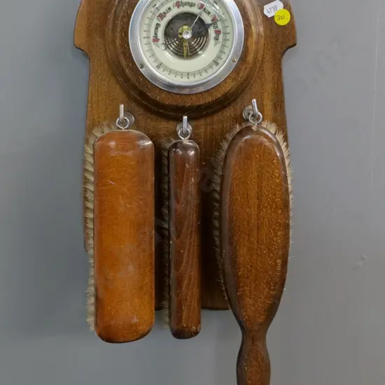 wood-cased wall-hanging barometer with 3 clothes brushes - H-320 W-200