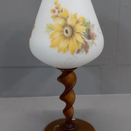 retro frosted glass goblet vase with amber twisted stem and floral motif on bowl H-350 D-160