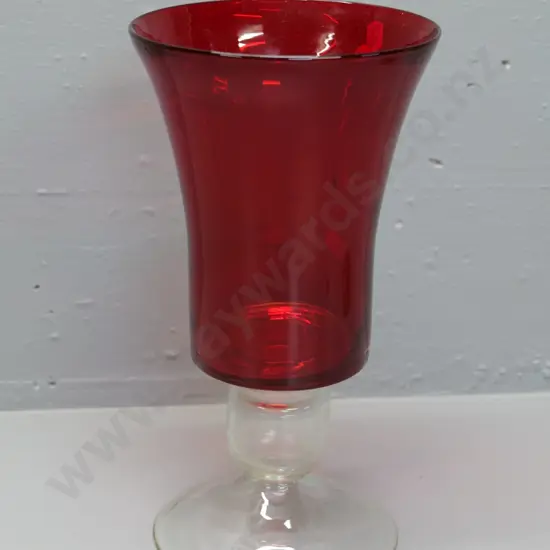 ruby glass urn shaped vase on clear base H-310 D-170