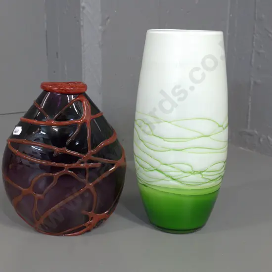 2 art glass vases - green raised pattern over white H270 & red raised pattern over grape colour