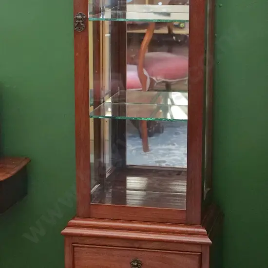 reproduction mahogany display cabinet with mirror back, 3 adjustable shelves, 2 drawers H1520 W420 D290