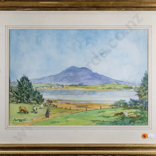 AD Pitt-Leggett - framed watercolour "Auckland Harbour" H-250 W-360