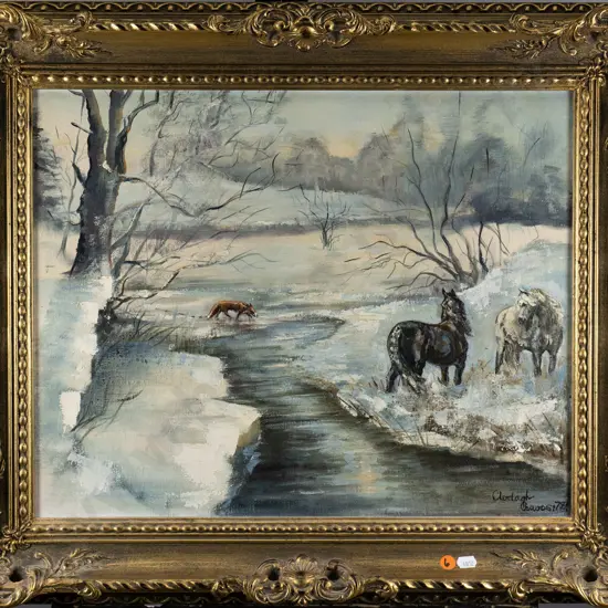 illegible signature - gilt framed oil - fox and horses by river H-390 W-490