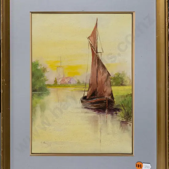 N Bailes - framed oil - boat on river H-260 W-190