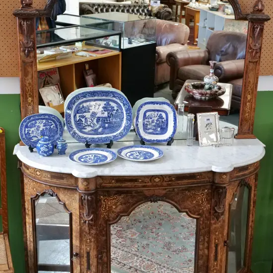 burr walnut inlaid marble top mirror back credenza with 3 mirrored doors H-1950 W-1380 D-520