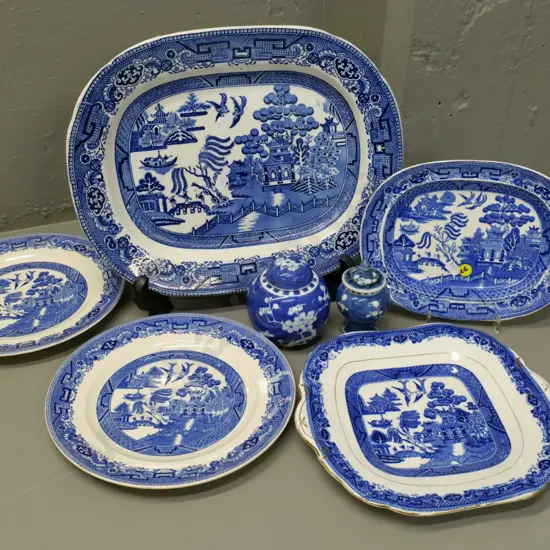 various English makes blue and white willow pattern china - large ashett 350 x 280 - and 2 prunus pattern cover pots