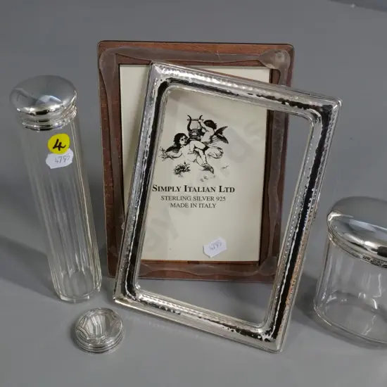 sterling topped glass dressing table containers and spare lid, restorer's picture frame (unglued) H190 W130