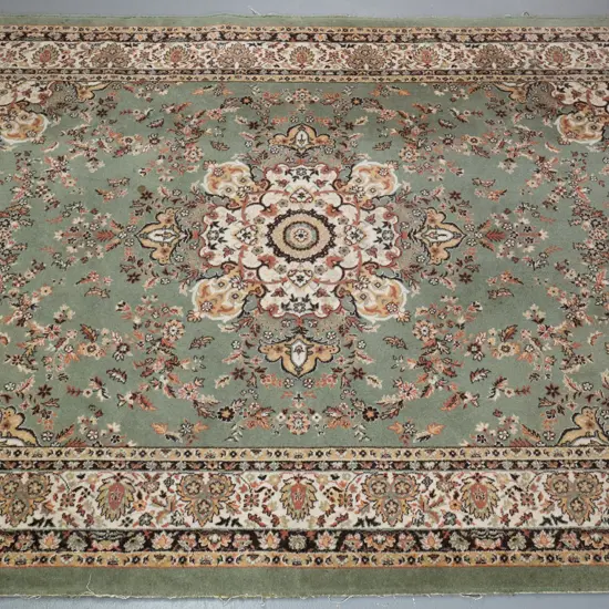 woven wool Persian style floor rug - pale green, cream, coral and black - some wear L-2440 W-1730