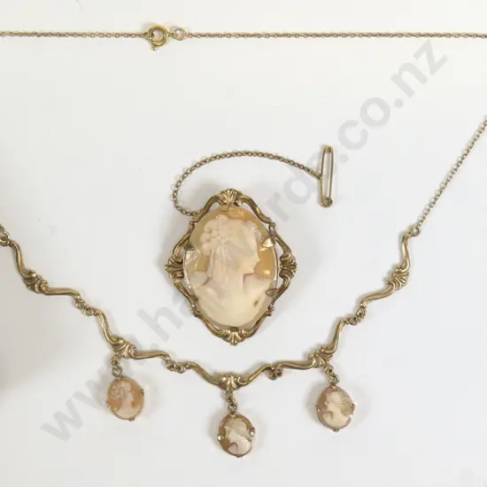 9ct cameo necklace & brooch stamped 9ct