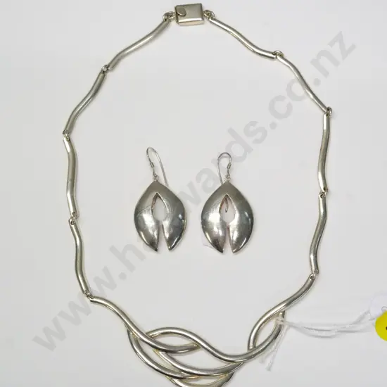 Mexican silver necklace stamped 925 and a pair of earrings with no markings