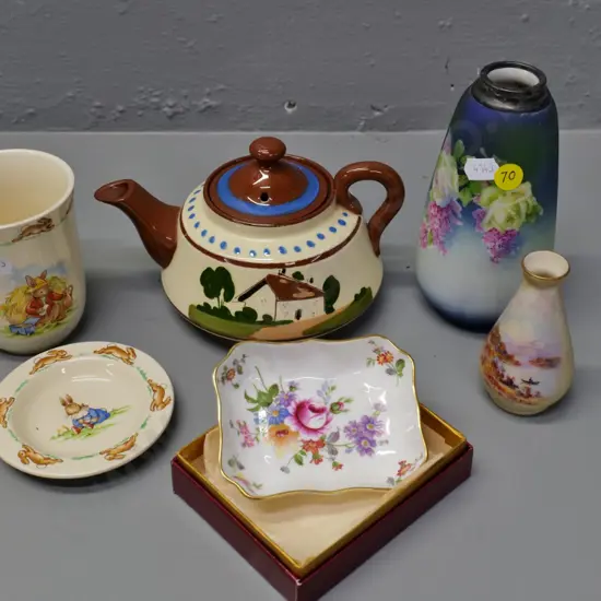 assorted English china - hand painted Worcester vase, Torquay teapot, 2 Bunnykins items, sterling topped vase, etc