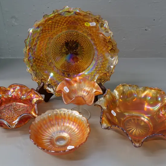 5 pieces of marigold colour carnival glass - largest dish D-260