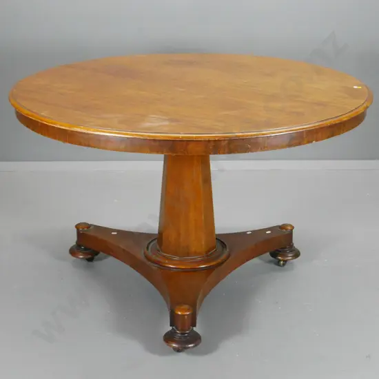 vintage mahogany round loo table - faceted column tripod base, bun feet, polish needs attention H760 D1120