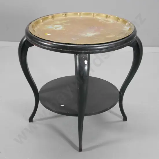 vintage occasional table  (ex Mayfair Theatre) w/lift-out brass tray, bottom shelf, legs a bit wobbly H540 D600