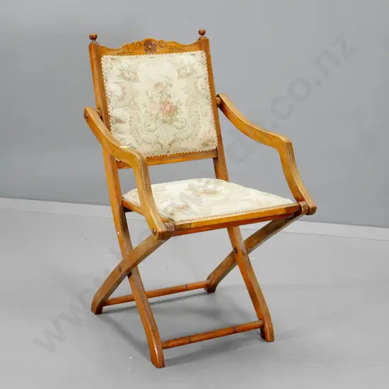 vintage folding chair with carved top rail, with loose cushion, some fading to floral tapestry H-840 W-470 D-530