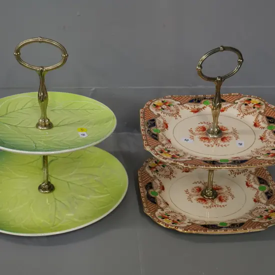 two 2-tier cake stands - Burgess Brothers & Royal Winton leaf pattern H-250 D-250