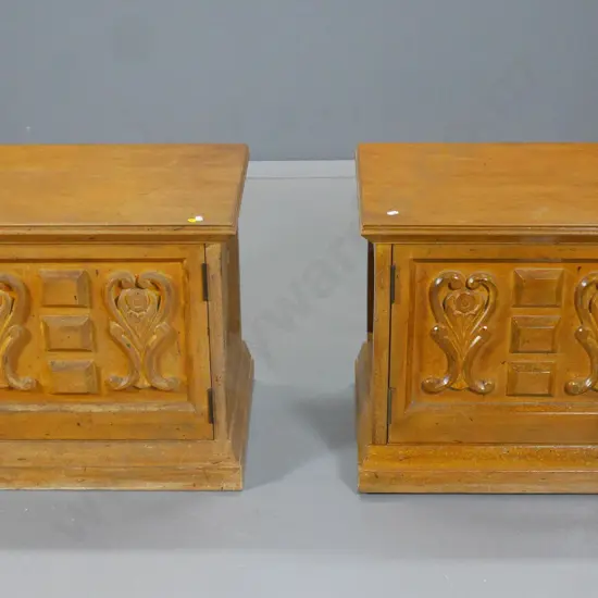 pair of solid timber bedside cabinets w/ brass handles, single carved panel door, some fading, splitting H490 W570 D420