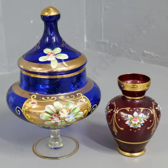 2 Venetian style glass items - blue lidded footed bowl H-250 and a red vase