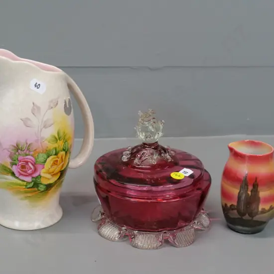 Crown Devon rose pattern jug H90, Royal Bayreuth small jug, & cranberry & clear glass lidded pot, small chip to detail