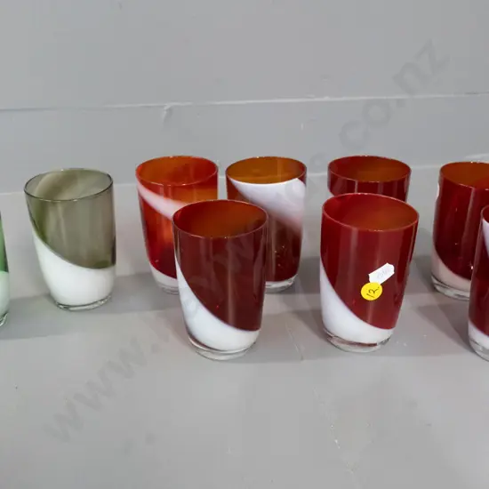 9 art glass swirl pattern drinking glasses - 7 red and white, 1 smoked grey, 1 green - H-100