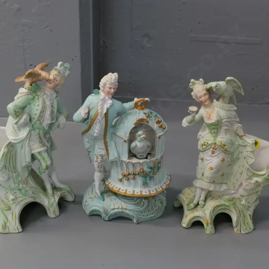 3 ornate Regency style continental bisque figural vases with bobbing bird figures - some chips to one, tallest is H-240