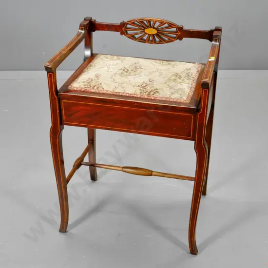 vintage Empire style single piano stool with fretted & marquetry rail - fading to tapestry H-670 W-470 D-370