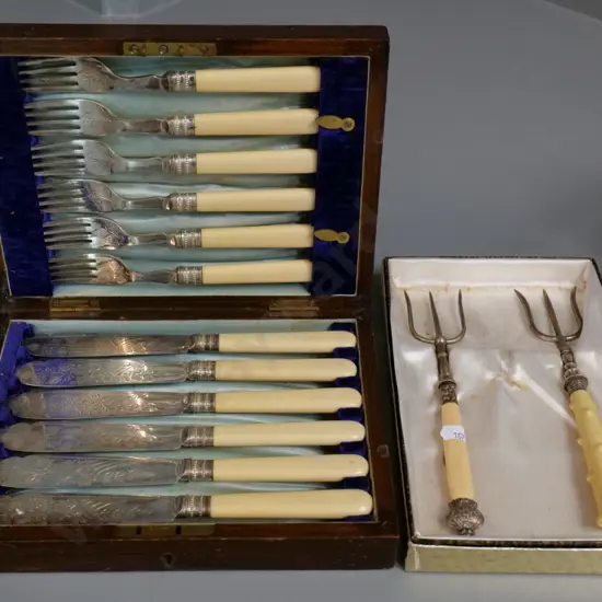 wood-cased set bone handled fish knives and forks, and 2 bone handled serving forks, one marked sterling silver