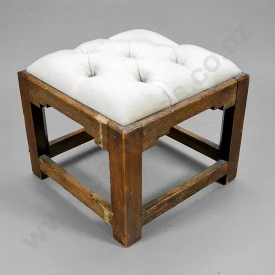 oak framed small button-top foot-stool in cream velvet - polish needs work H-270 W-300 D-300